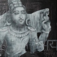 Acrylgemälde in schwarz-weissen Kontrasten mit der Darstellung eines indischen Kopfes vor einer 
      weissen Schrift